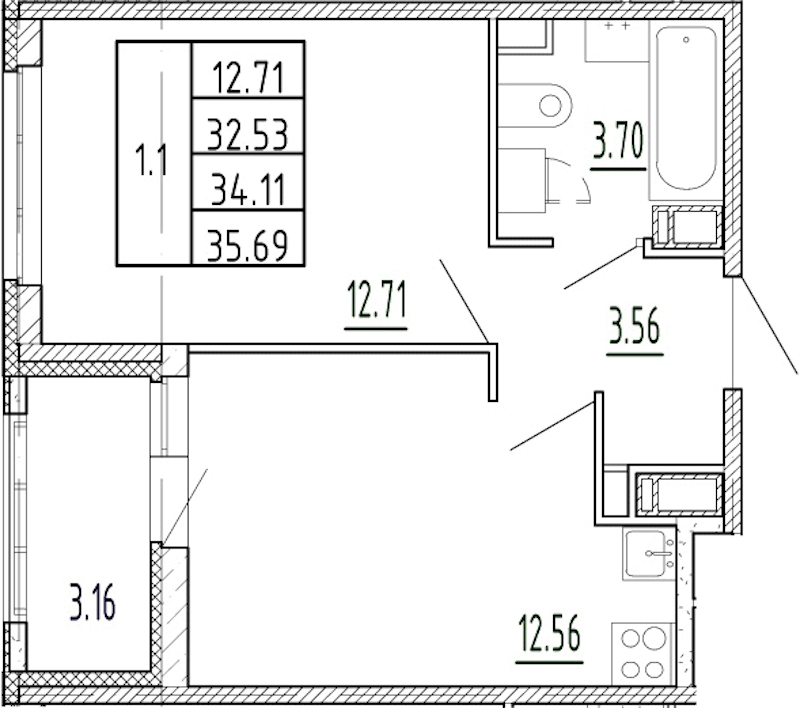 1-комнатная квартира 32.53 м², 2/13 эт., ЖК «Полис Приморский 2»